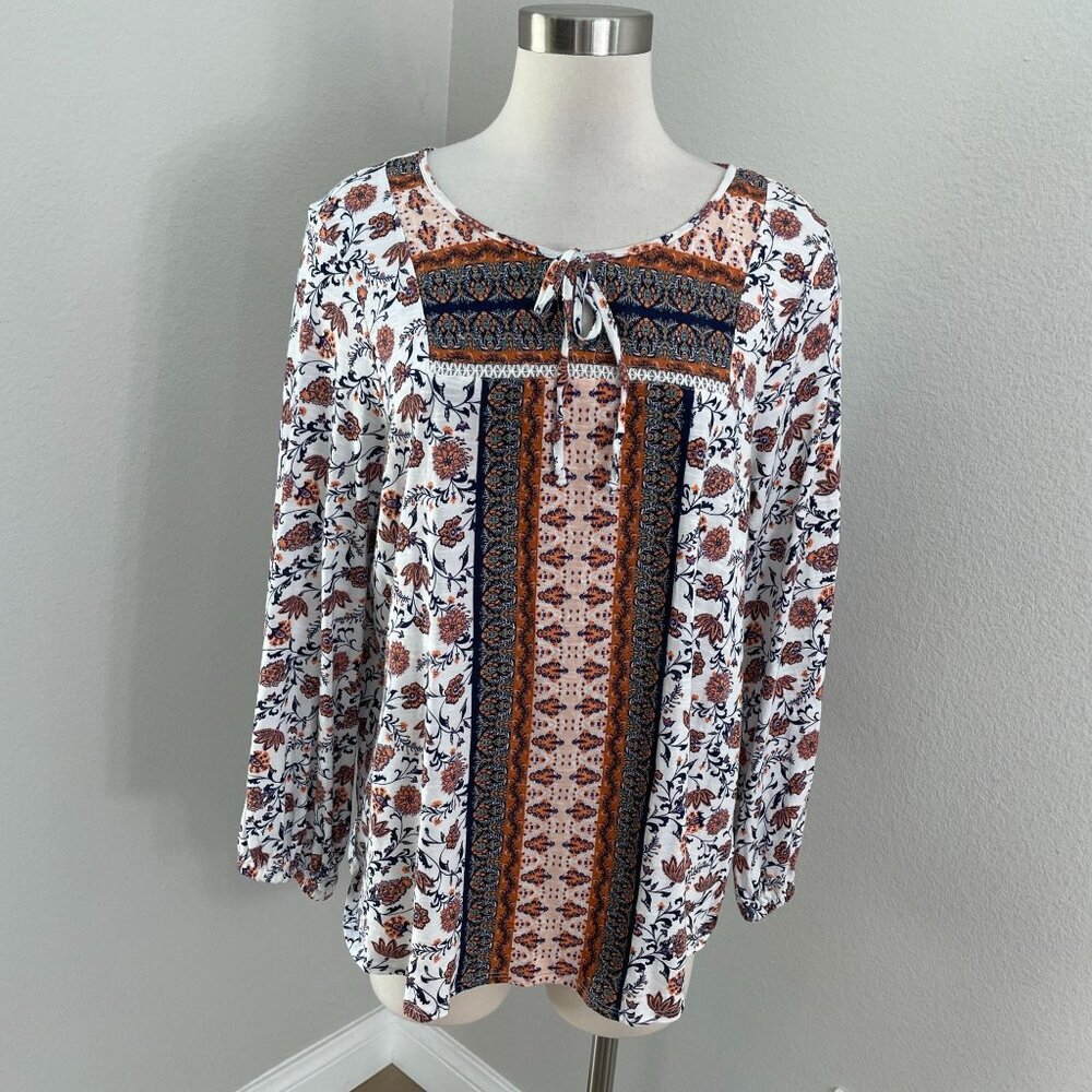 Vintage America Womens Plus XXL Boho Floral Tunic Top Tie Neck Long Sleeves‎